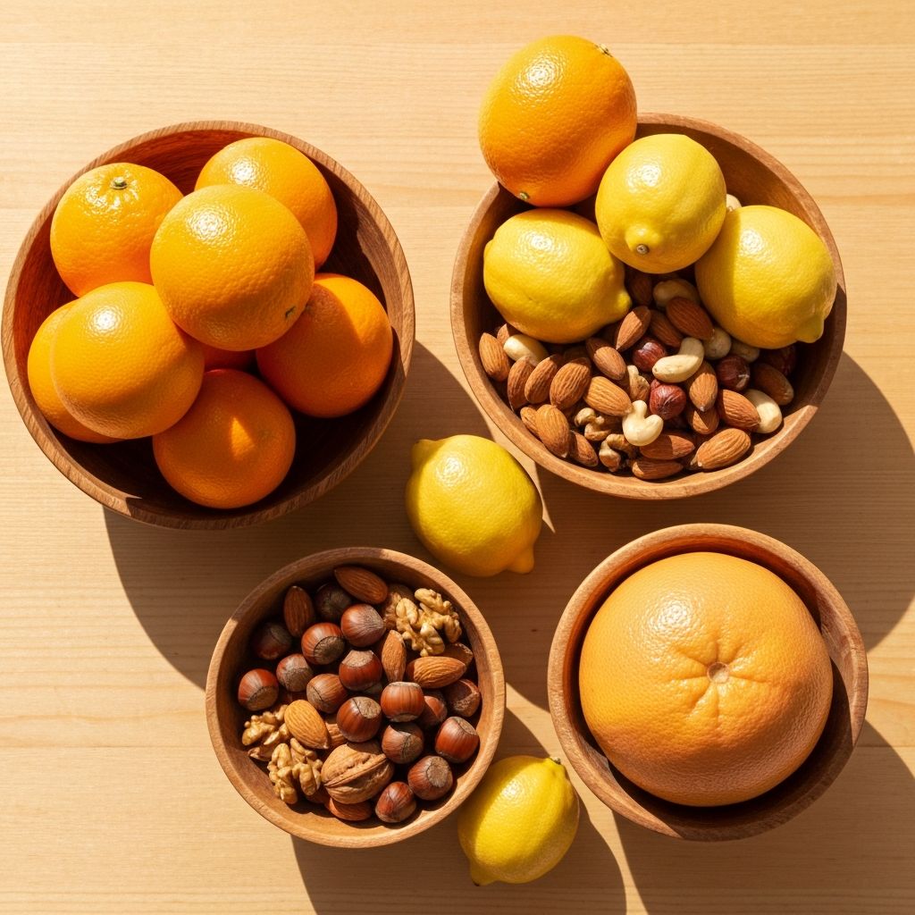 Frische Zitrusfrüchte und Nüsse